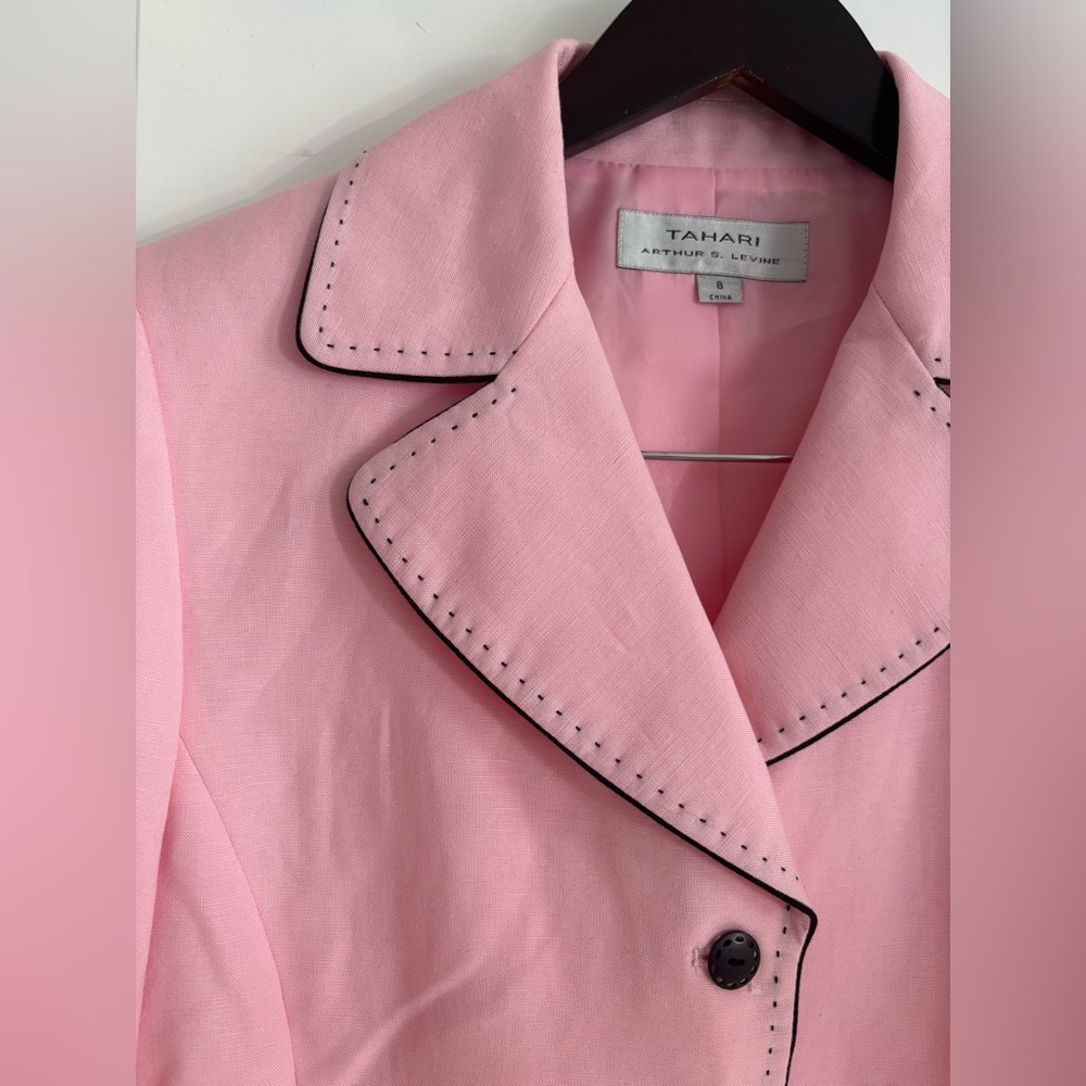 Vintage Tahari 3-Piece Linen Blend Suit Pink Blazer Top & Black Skirt Set 6 8 - Picture 3 of 10